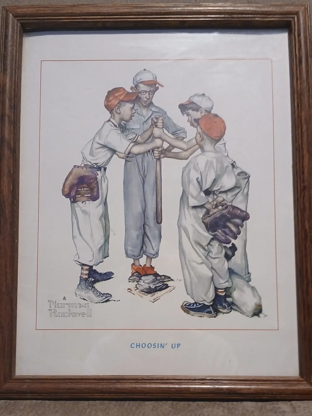 Norman Rockwell Boys in Baseball Uniforms with Orange Caps and Blue Shoes